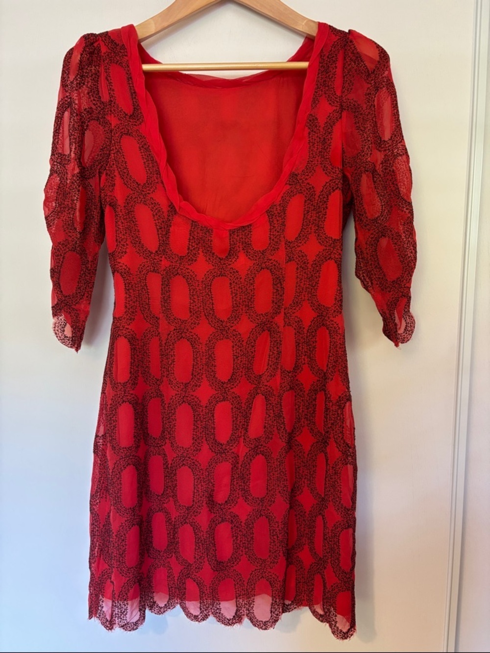 Silk Midi Dress Size Small Red Black Romantic Geometric Puff Sleeve Artsy Dainty - Picture 2 of 11